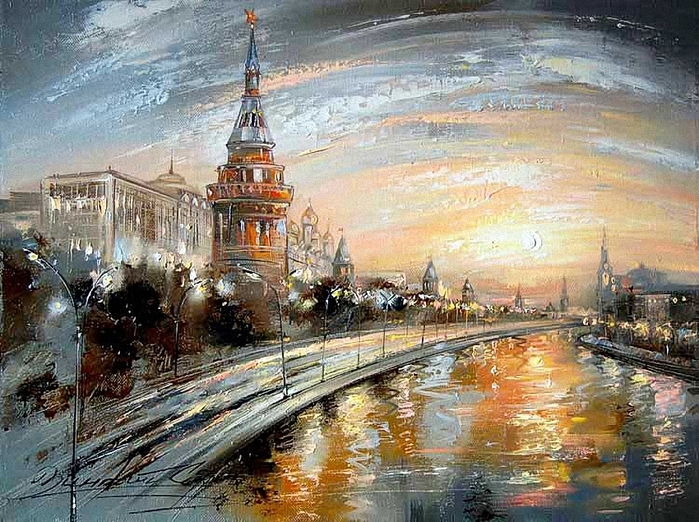 Рассвет над Москвой рекой   рисунок для детей 008