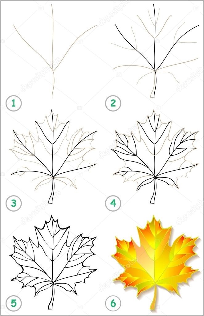 Кленовый лист рисунок для детей карандашом поэтапно