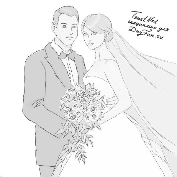 Черно белый рисунок жених и невеста 018
