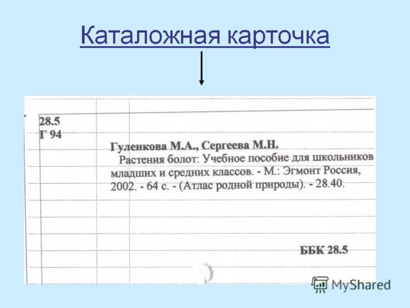 Карточка для систематического каталога образец