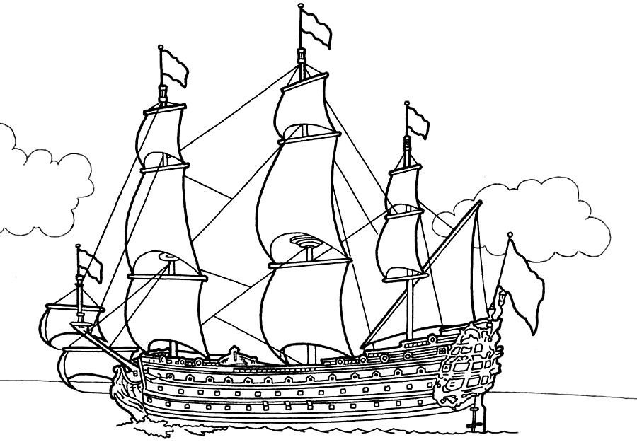 Черно белый рисунок корабль 014