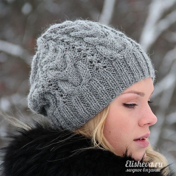 зимняя женская шапка спицами узором косы 008