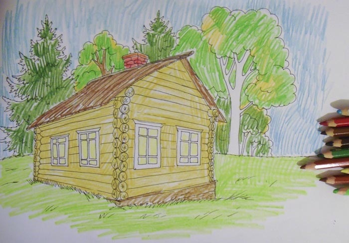 рисунок карандашом дом на дереве 018