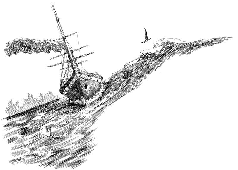Черно белый рисунок кораблика 009