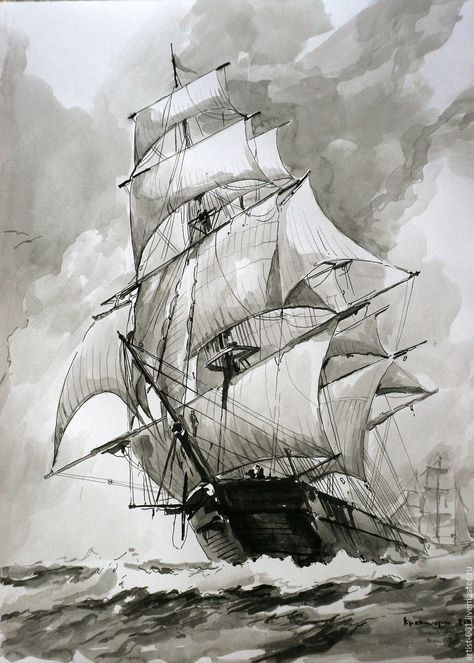 Черно белый рисунок кораблика 010