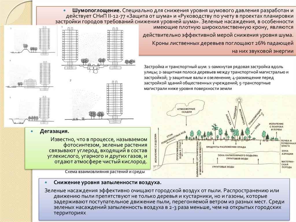 Понижение уровня. Застройка и транспортный шум. Шумопоглощение зелеными насаждениями. Схемы защиты жилой застройки от транспортного шума. Снижение уровня звука зелеными насаждениями.