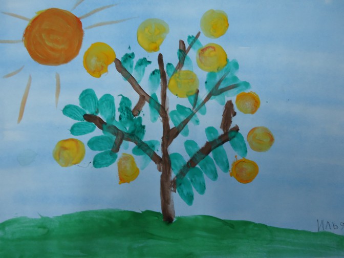 Рисование золотые яблочки на дереве (12)