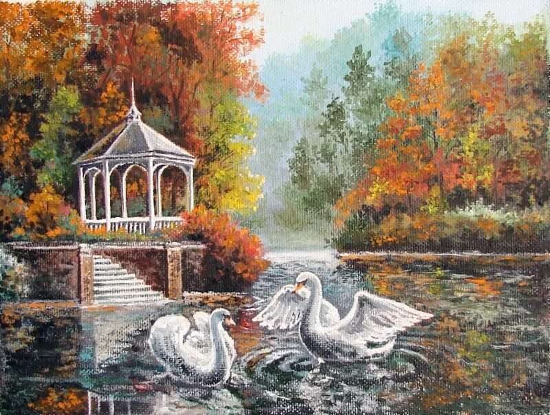 Картинки Осенний пейзаж с лебедями 3