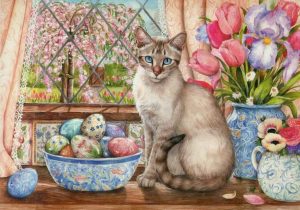 Акварельная картина кота с пасхальными яйцами   прикольные картинки 9