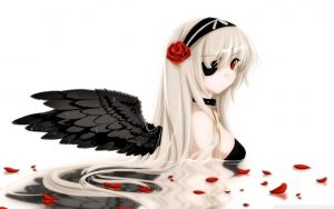Аниме девушка с черными крыльями, сидящая на белом фоне   интересные картинки 9